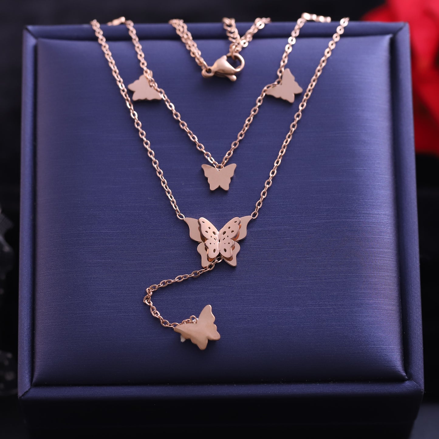 Layered Rose Gold Butterfly Necklace Set - Delicate Insect Pendant Jewelry