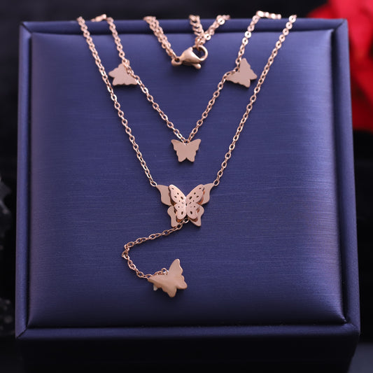 Layered Rose Gold Butterfly Necklace Set - Delicate Insect Pendant Jewelry