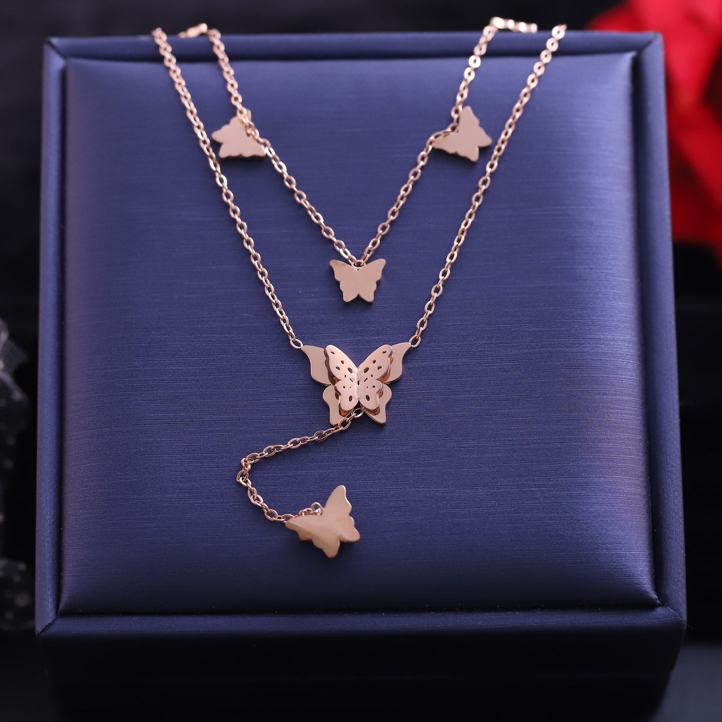Layered Rose Gold Butterfly Necklace Set - Delicate Insect Pendant Jewelry
