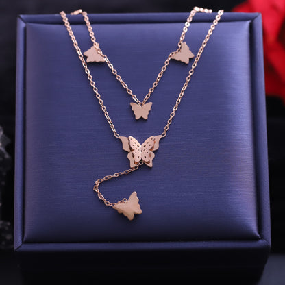 Layered Rose Gold Butterfly Necklace Set - Delicate Insect Pendant Jewelry