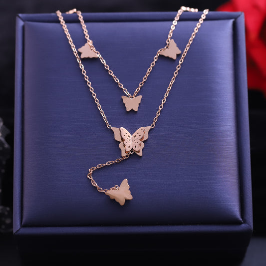 Layered Rose Gold Butterfly Necklace Set - Delicate Insect Pendant Jewelry