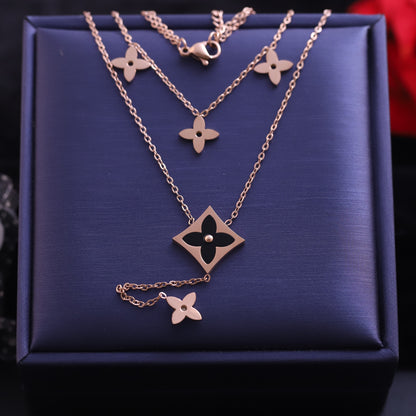 Rose Gold Layered Quatrefoil Necklace | Black Inlay Clover Pendant