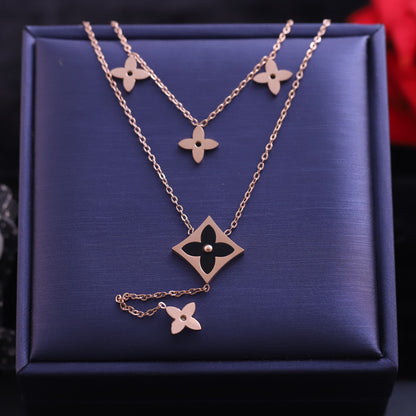 Rose Gold Layered Quatrefoil Necklace | Black Inlay Clover Pendant