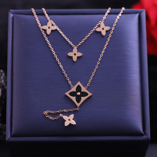 Rose Gold Layered Quatrefoil Necklace | Black Inlay Clover Pendant