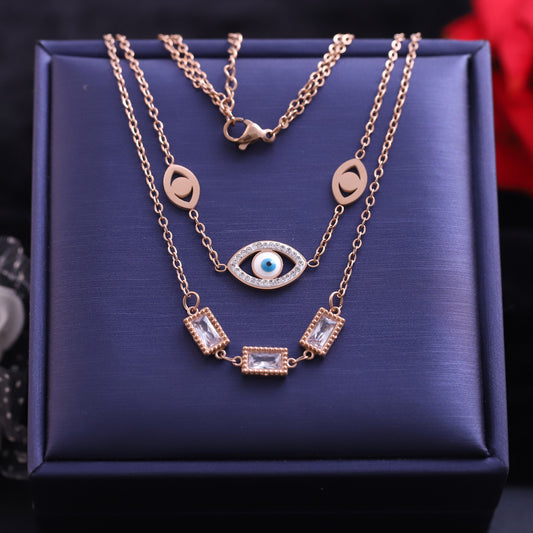 Rose Gold Evil Eye Necklace for Women | Double Layered Zirconia Pendant