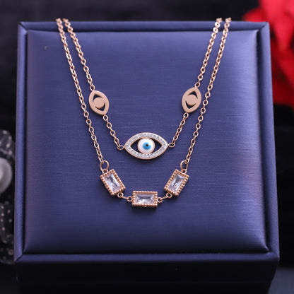 Rose Gold Evil Eye Necklace for Women | Double Layered Zirconia Pendant