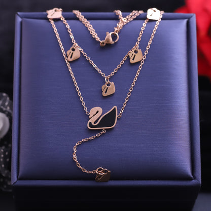 Rose Gold Layered Swan and Heart Necklace | Elegant Enamel Pendant