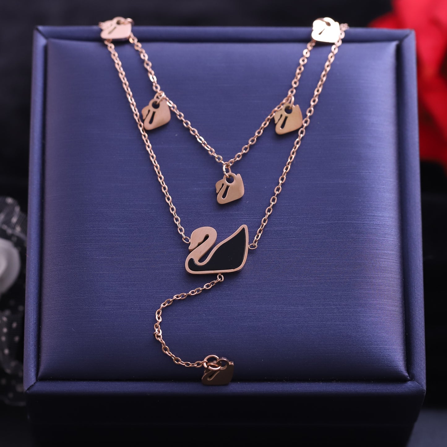 Rose Gold Layered Swan and Heart Necklace | Elegant Enamel Pendant