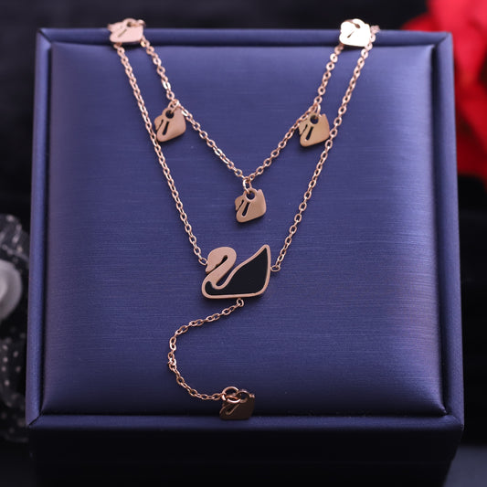 Rose Gold Layered Swan and Heart Necklace | Elegant Enamel Pendant