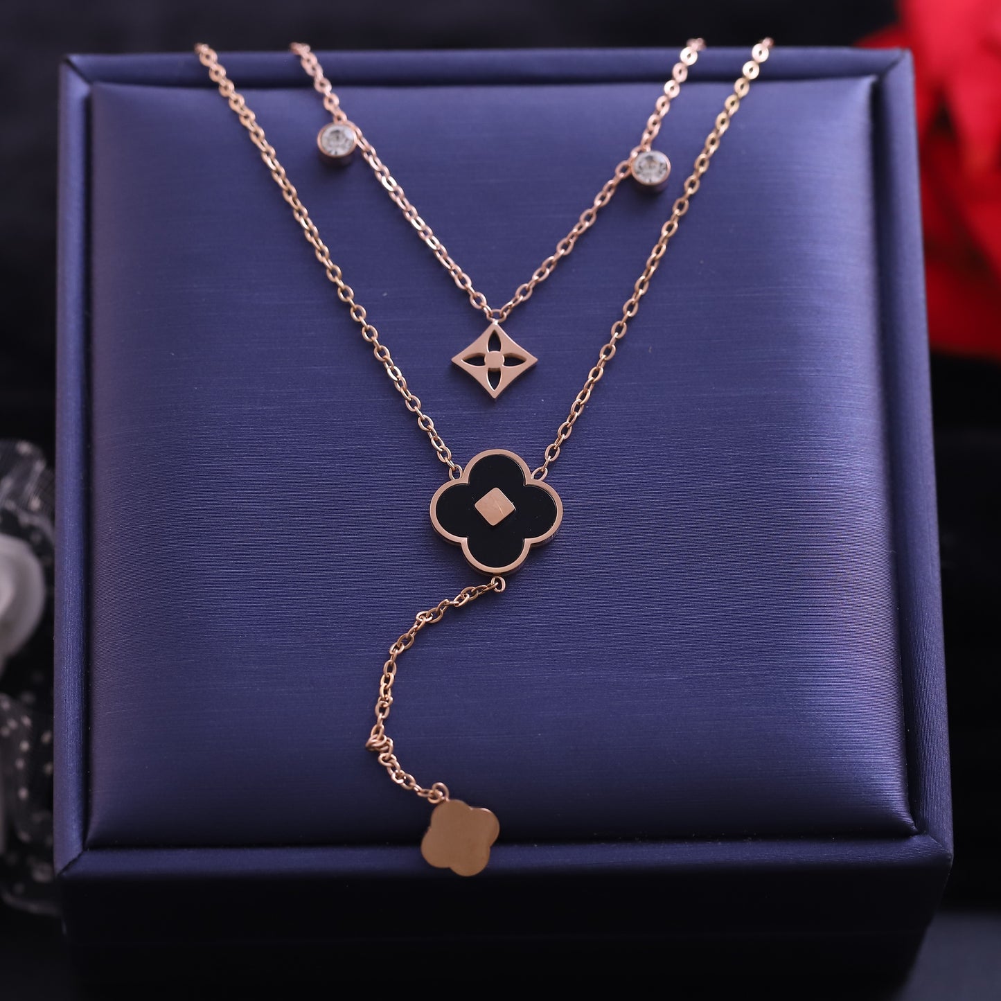 Rose Gold Layered Clover Necklace | Lucky Charm Pendant with Zirconia