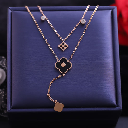 Rose Gold Layered Clover Necklace | Lucky Charm Pendant with Zirconia