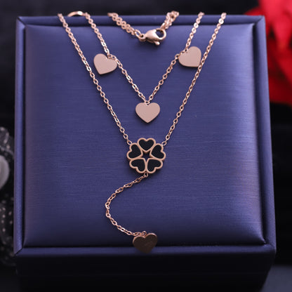 Rose Gold Layered Heart and Clover Necklace | Lucky Charm Pendant