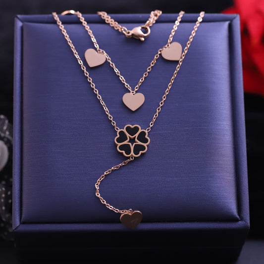 Rose Gold Layered Heart and Clover Necklace | Lucky Charm Pendant