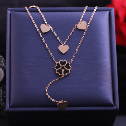 Rose Gold Layered Heart and Clover Necklace | Lucky Charm Pendant