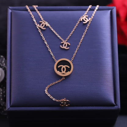 Layered Rose Gold Double C Necklace - Fashion Logo Pendant Jewelry