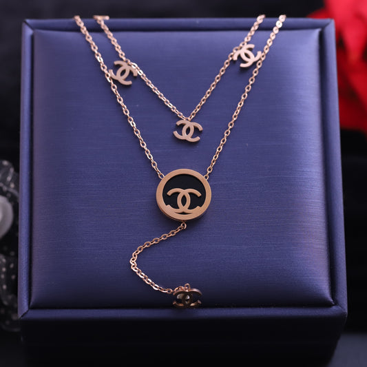 Layered Rose Gold Double C Necklace - Fashion Logo Pendant Jewelry