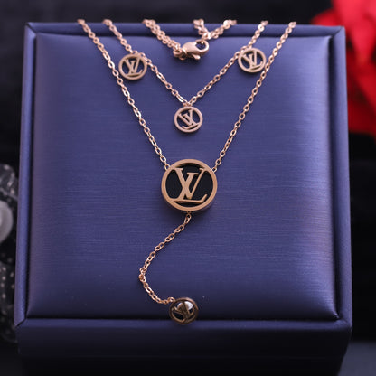 Layered Rose Gold LV Necklace - Fashion Logo Pendant Jewelry
