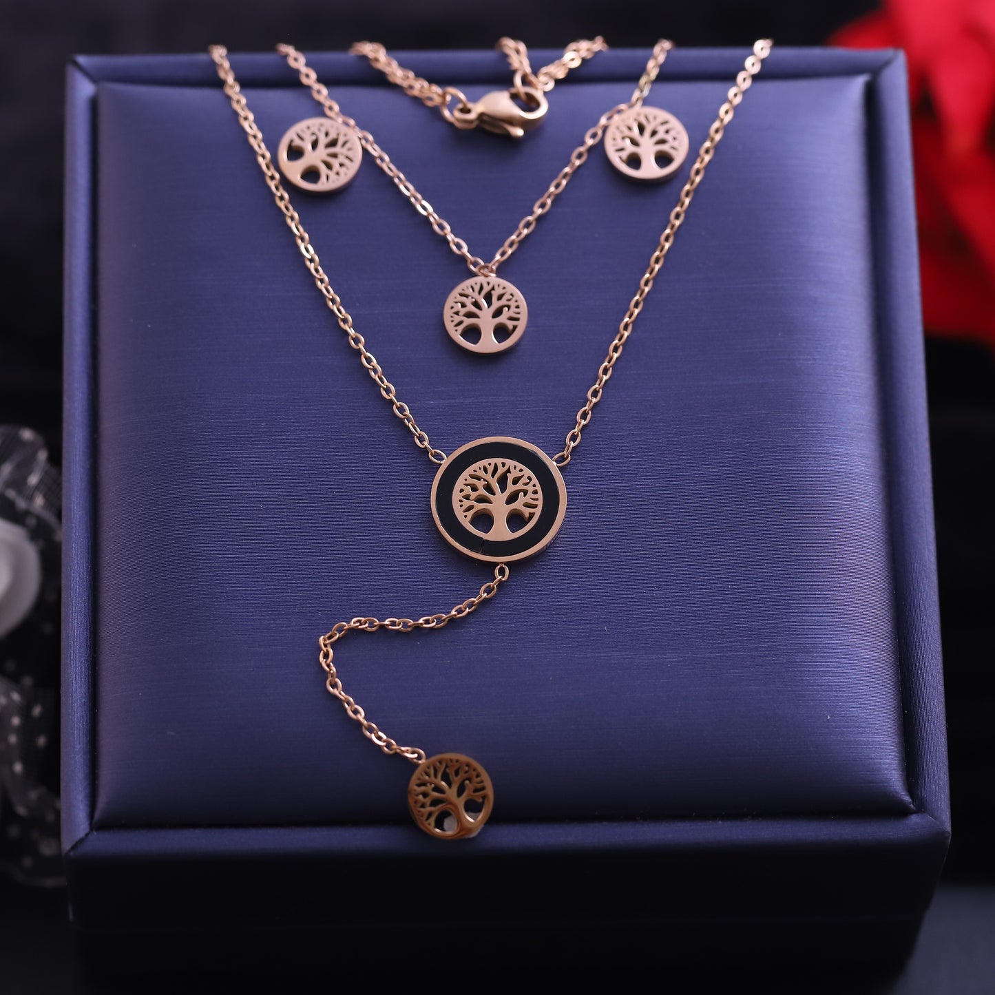 Layered Rose Gold Tree of Life Necklace Set - Symbolic Family Tree Pendant Jewelry