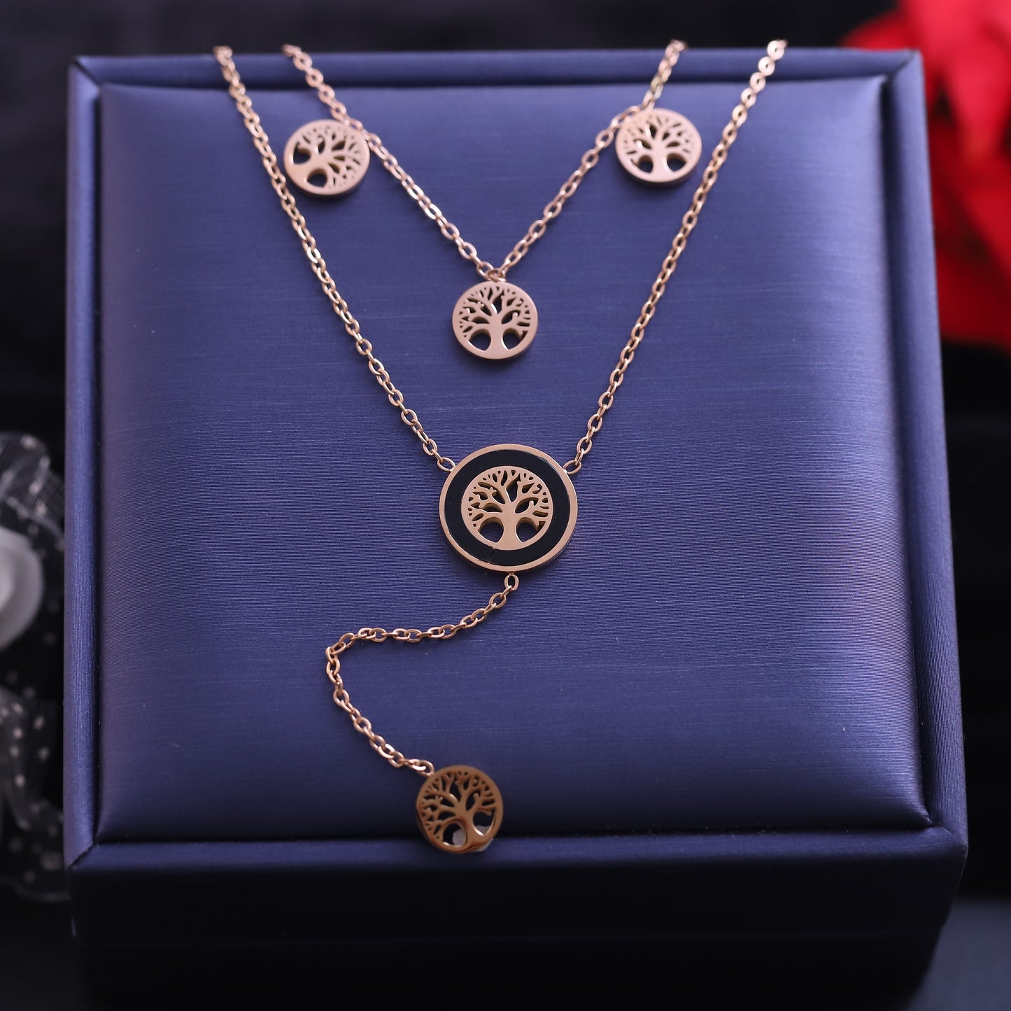Layered Rose Gold Tree of Life Necklace Set - Symbolic Family Tree Pendant Jewelry