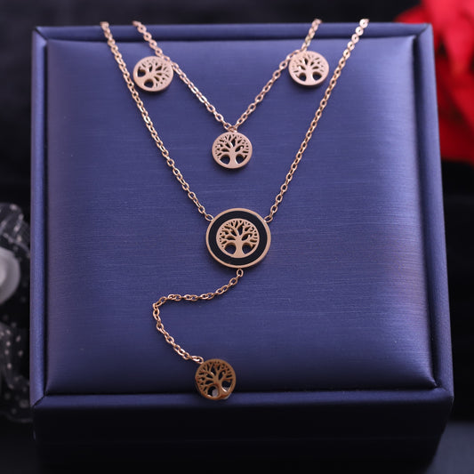 Layered Rose Gold Tree of Life Necklace Set - Symbolic Family Tree Pendant Jewelry