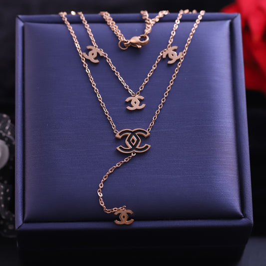 Layered Rose Gold Double C Necklace - Fashion Logo Pendant Jewelry