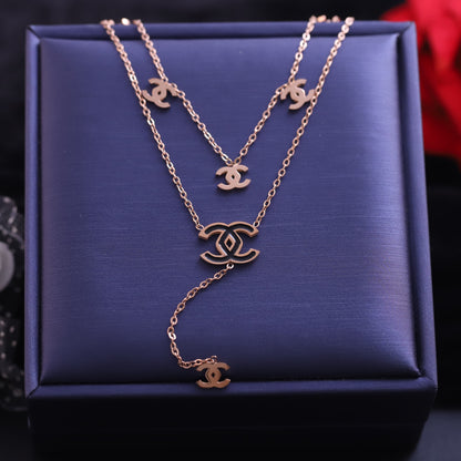 Layered Rose Gold Double C Necklace - Fashion Logo Pendant Jewelry