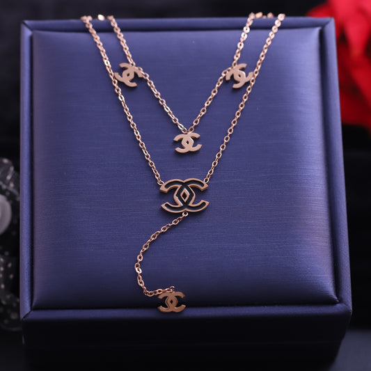Layered Rose Gold Double C Necklace - Fashion Logo Pendant Jewelry