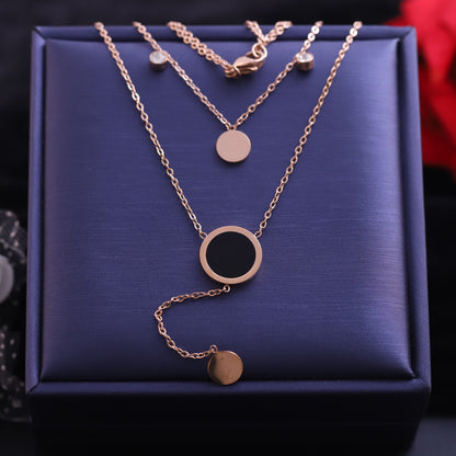 Rose Gold Layered Circle and Roman Numeral Necklace | Y-Shaped Drop Pendant
