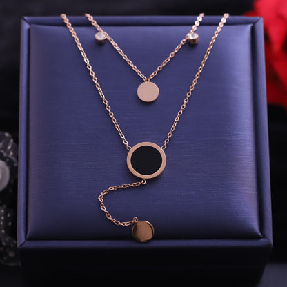 Rose Gold Layered Circle and Roman Numeral Necklace | Y-Shaped Drop Pendant