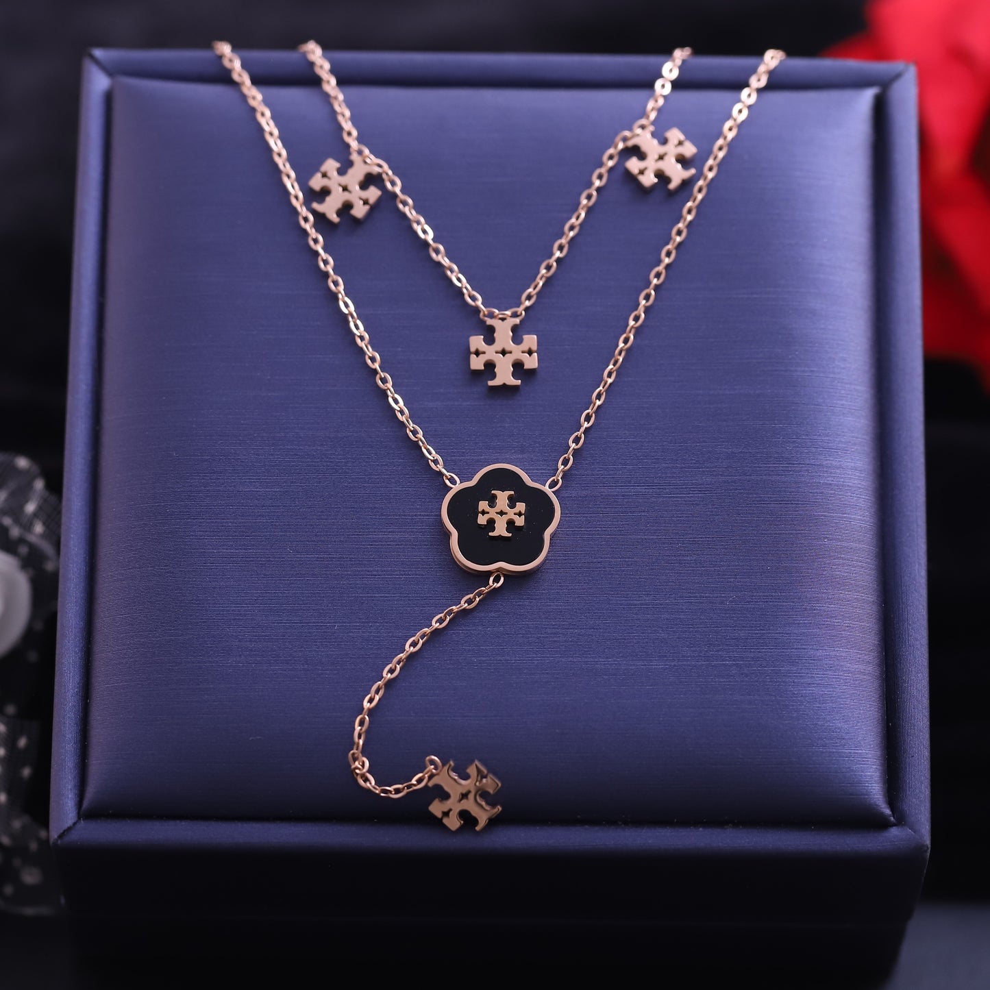 Layered Rose Gold Quatrefoil Necklace Set - Elegant Cross Pendant Jewelry