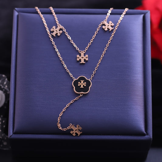 Layered Rose Gold Quatrefoil Necklace Set - Elegant Cross Pendant Jewelry