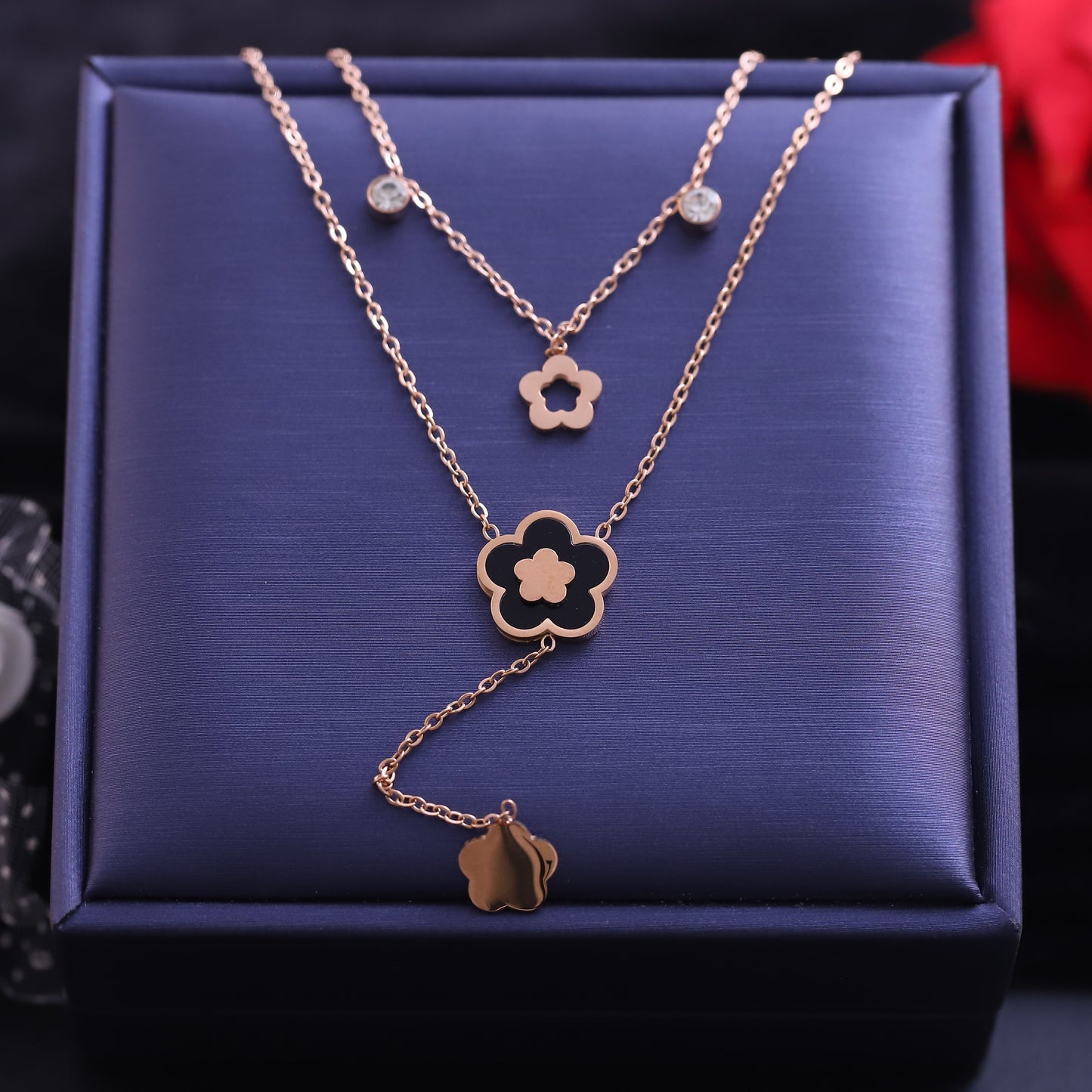Rose Gold Layered Flower Necklace | Dainty Floral Jewelry | CZ Pendant | Elegant Women's Accessories