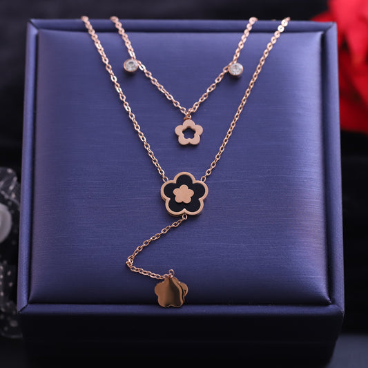 Rose Gold Layered Flower Necklace | Dainty Floral Jewelry | CZ Pendant | Elegant Women's Accessories