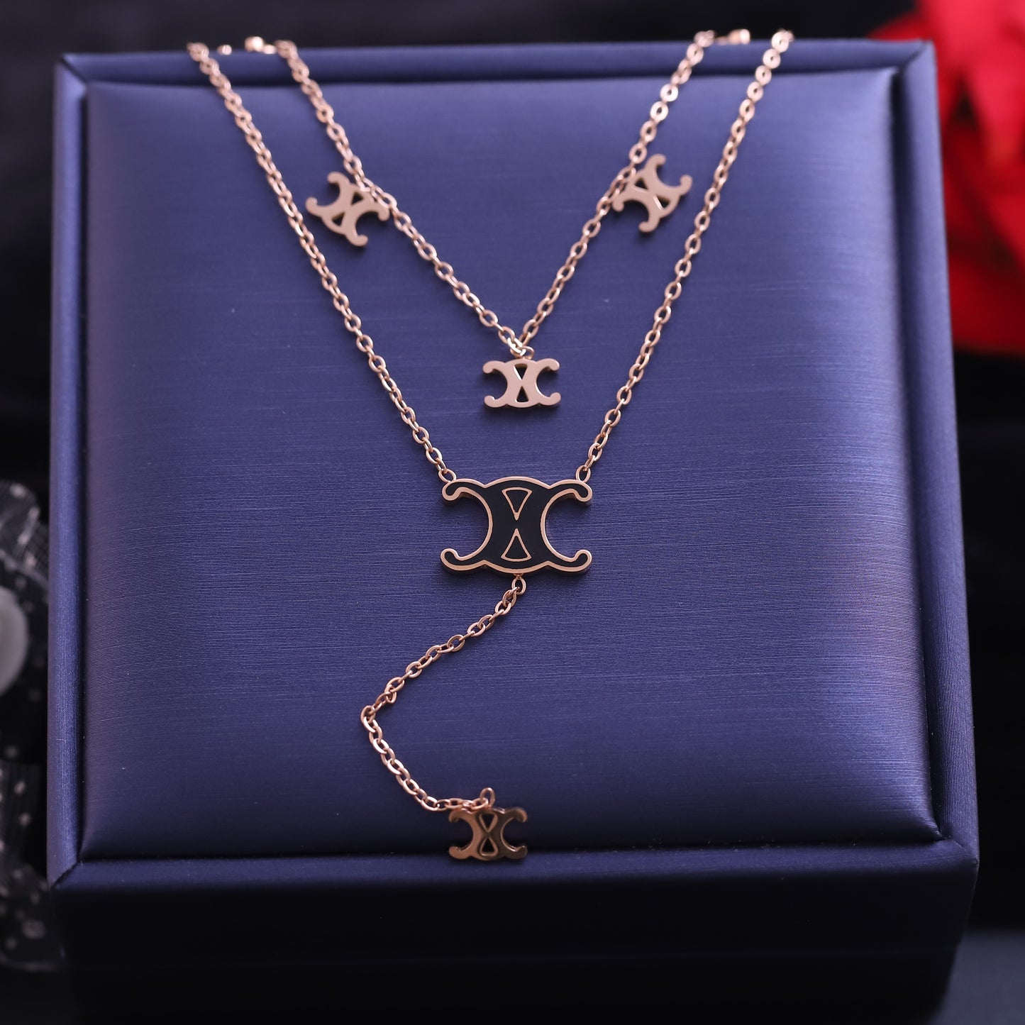 Layered Rose Gold Triomphe Necklace Set - Fashion Logo Pendant Jewelry