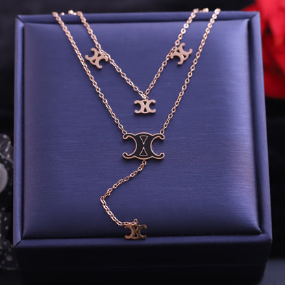 Layered Rose Gold Triomphe Necklace Set - Fashion Logo Pendant Jewelry