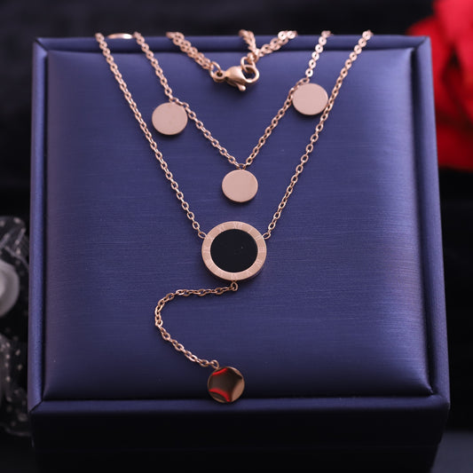 Rose Gold Layered Circle Necklace | Minimalist Roman Numeral Pendant