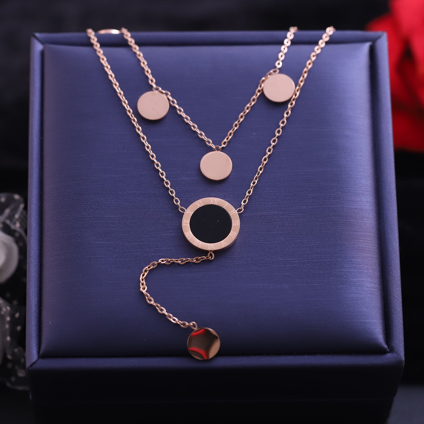 Rose Gold Layered Circle Necklace | Minimalist Roman Numeral Pendant