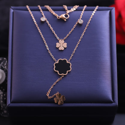 Layered Rose Gold Clover Necklace Set - Four Leaf Clover Pendant Jewelry