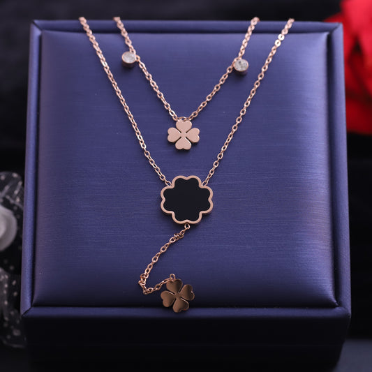 Layered Rose Gold Clover Necklace Set - Four Leaf Clover Pendant Jewelry