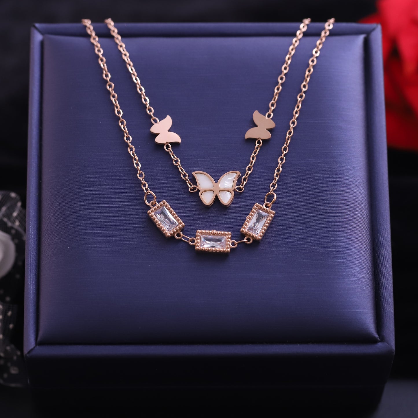 Rose Gold Layered Butterfly Necklace | Mother of Pearl and Zirconia Pendant