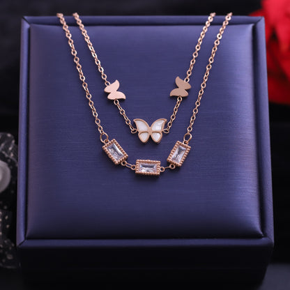 Rose Gold Layered Butterfly Necklace | Mother of Pearl and Zirconia Pendant