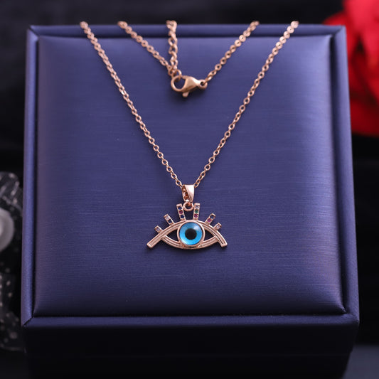 Rose Gold Eyelash Evil Eye Necklace - Colorful Gemstone Protection Pendant