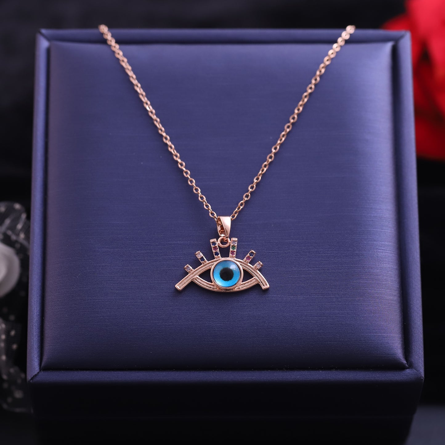 Rose Gold Eyelash Evil Eye Necklace - Colorful Gemstone Protection Pendant