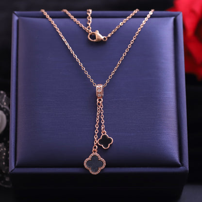 Rose Gold Black Four Leaf Clover Lariat Necklace - Lucky Charm Pendant