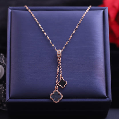 Rose Gold Black Four Leaf Clover Lariat Necklace - Lucky Charm Pendant