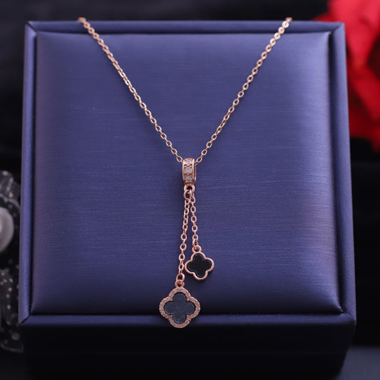 Rose Gold Black Four Leaf Clover Lariat Necklace - Lucky Charm Pendant