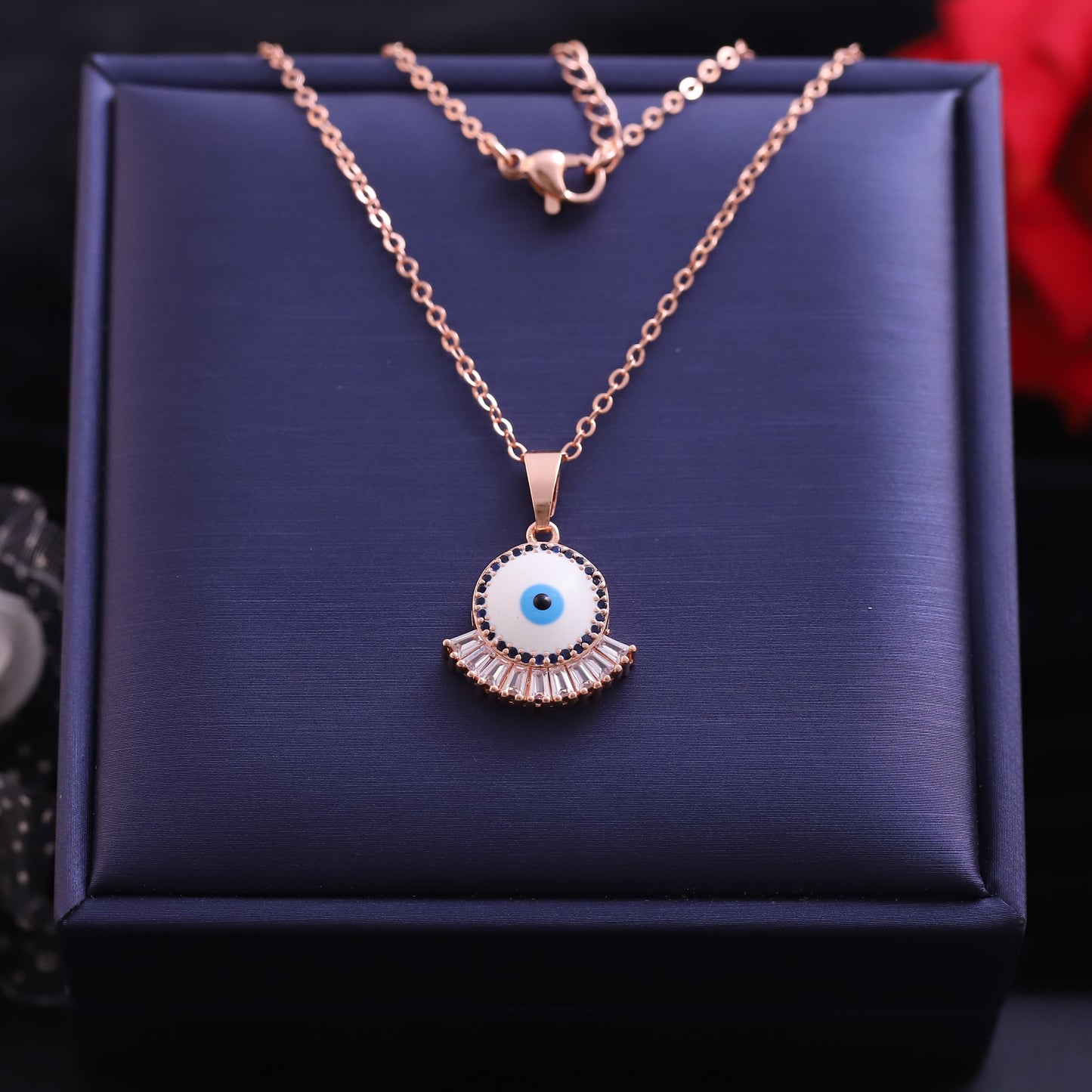 Rose Gold Fan Evil Eye Necklace - Sparkling Baguette Crystal Protection Pendant