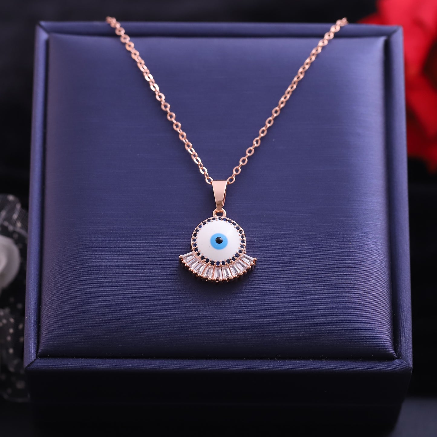 Rose Gold Fan Evil Eye Necklace - Sparkling Baguette Crystal Protection Pendant