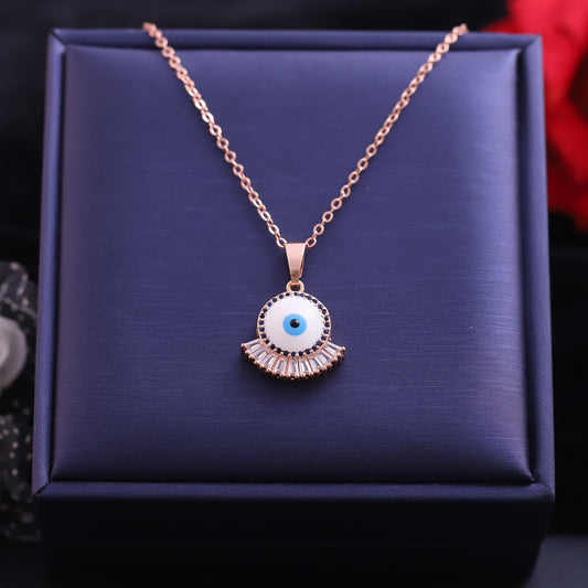 Rose Gold Fan Evil Eye Necklace - Sparkling Baguette Crystal Protection Pendant
