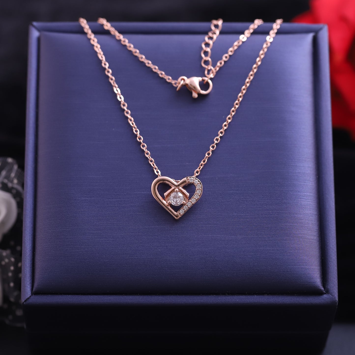 Rose Gold Asymmetrical Heart Necklace - Sparkling Crystal Accent Pendant